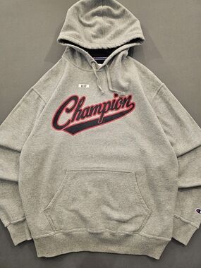 Champion Gray Hooded Sweatshirt with Red and Black Logo